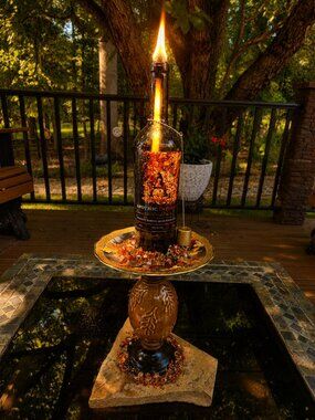 Upcycled Tiki Torch Wine Bottle Stone Bead Accent Flagstone Base